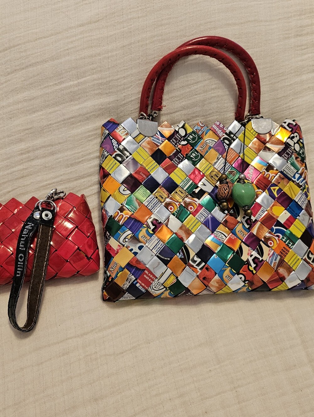 Nahui Ollin Handcrafted Candy Wrapper Top Handle Bag and coin purse